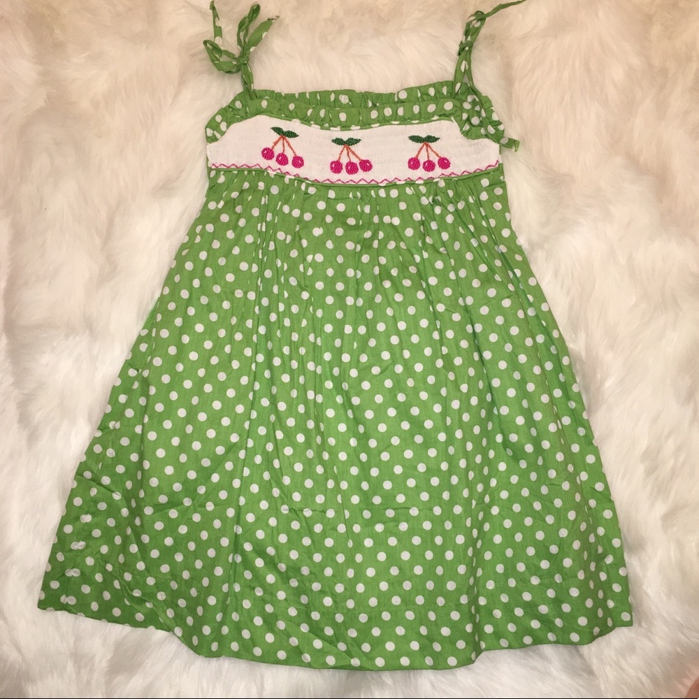 Never Worn Green polka dot cherry smocked dress